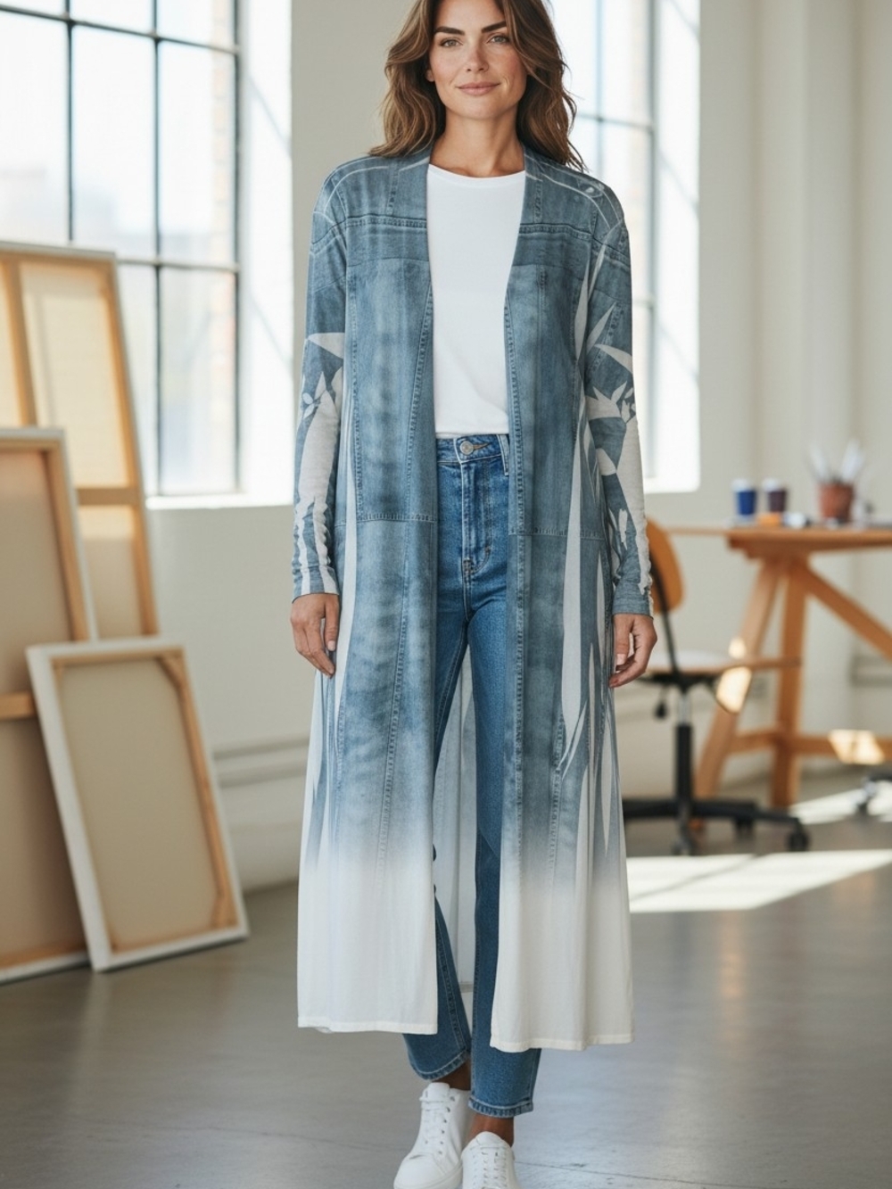 Origami Open-Front Denim-Print Cardigan